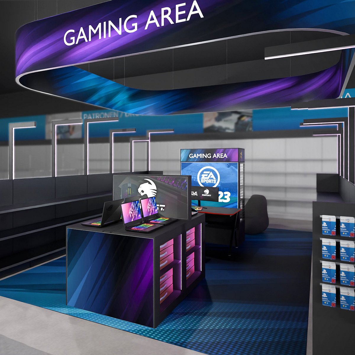 Ein digitales Rendering des Gaming-Bereichs in einem Konsumerelektronikladen.
